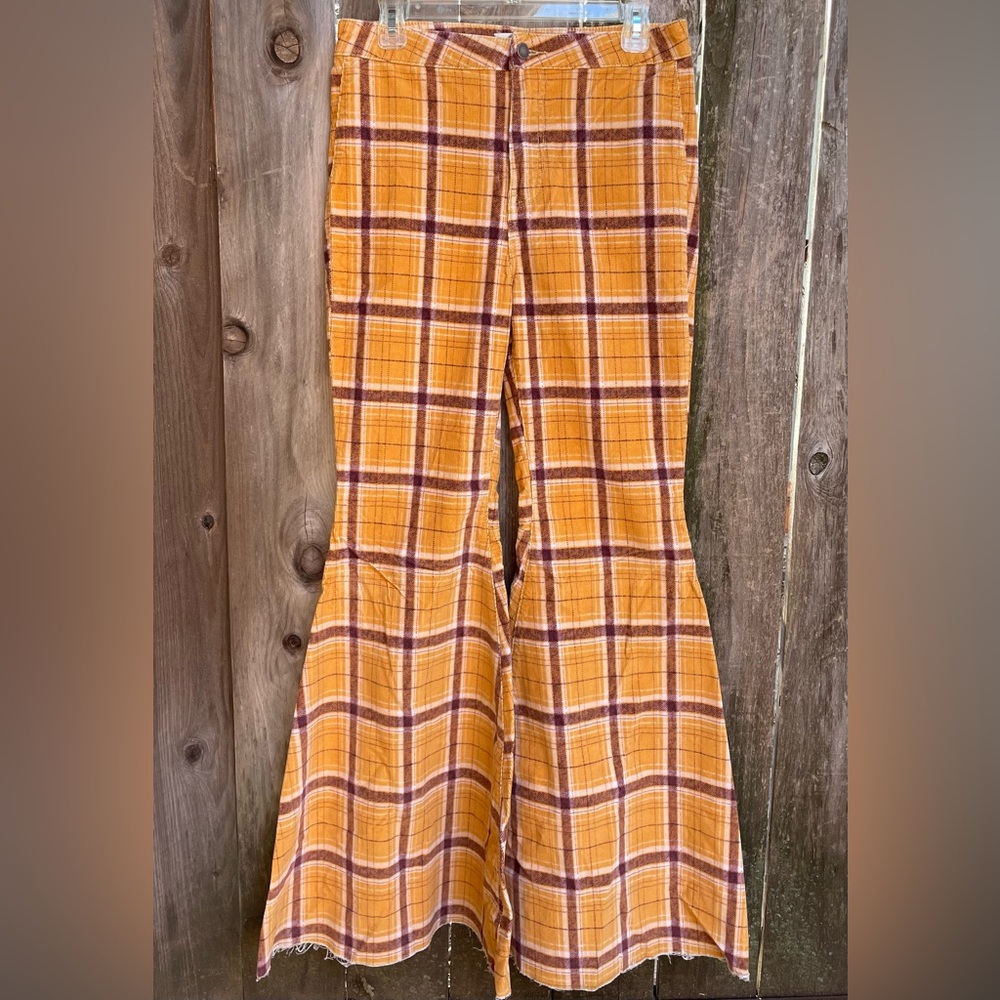 We The Free Mustard and Maroon Plaid Corduroy Flare Pants